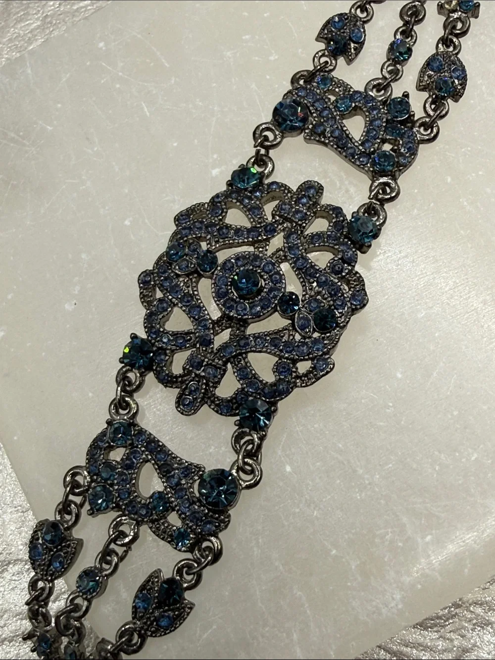 VCLM Blue rhinestone Filigree Bracelet gunmetal fairycore openwork enchantment